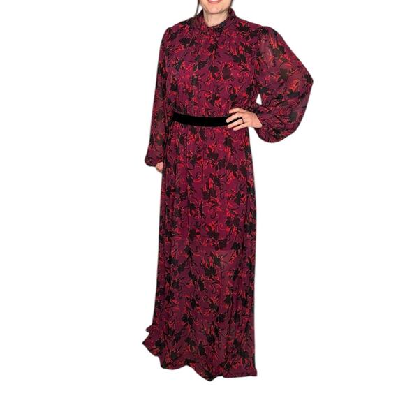 LDT Brooke Maxi Dress Purple Red Floral Pattern Long Women's Size 14 Glam Chic - Picture 2 of 14